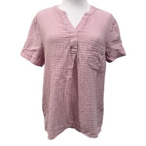 J.Crew Baby Pink Gauze Cotton Top Short Sleeve Pocket Blouse Small Beach Coastal